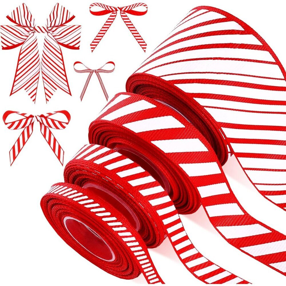 4 Rolls 26 Yard Christmas Peppermint Stripe Candy Cane Ribbon Wired Edge Red and